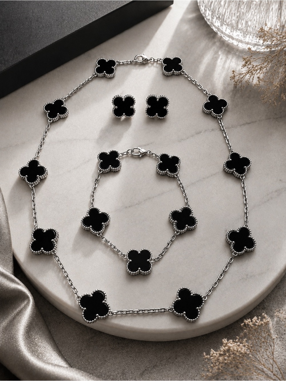 🖤 Black 10-Station Clover Jewelry Set | Silver Tone | Tarnish Resistant